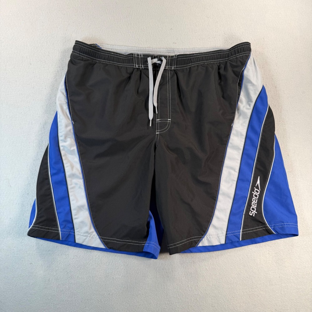 VTG Speedo Mens Swim Trunks Large Black Blue Colorblock Mesh Lined Large